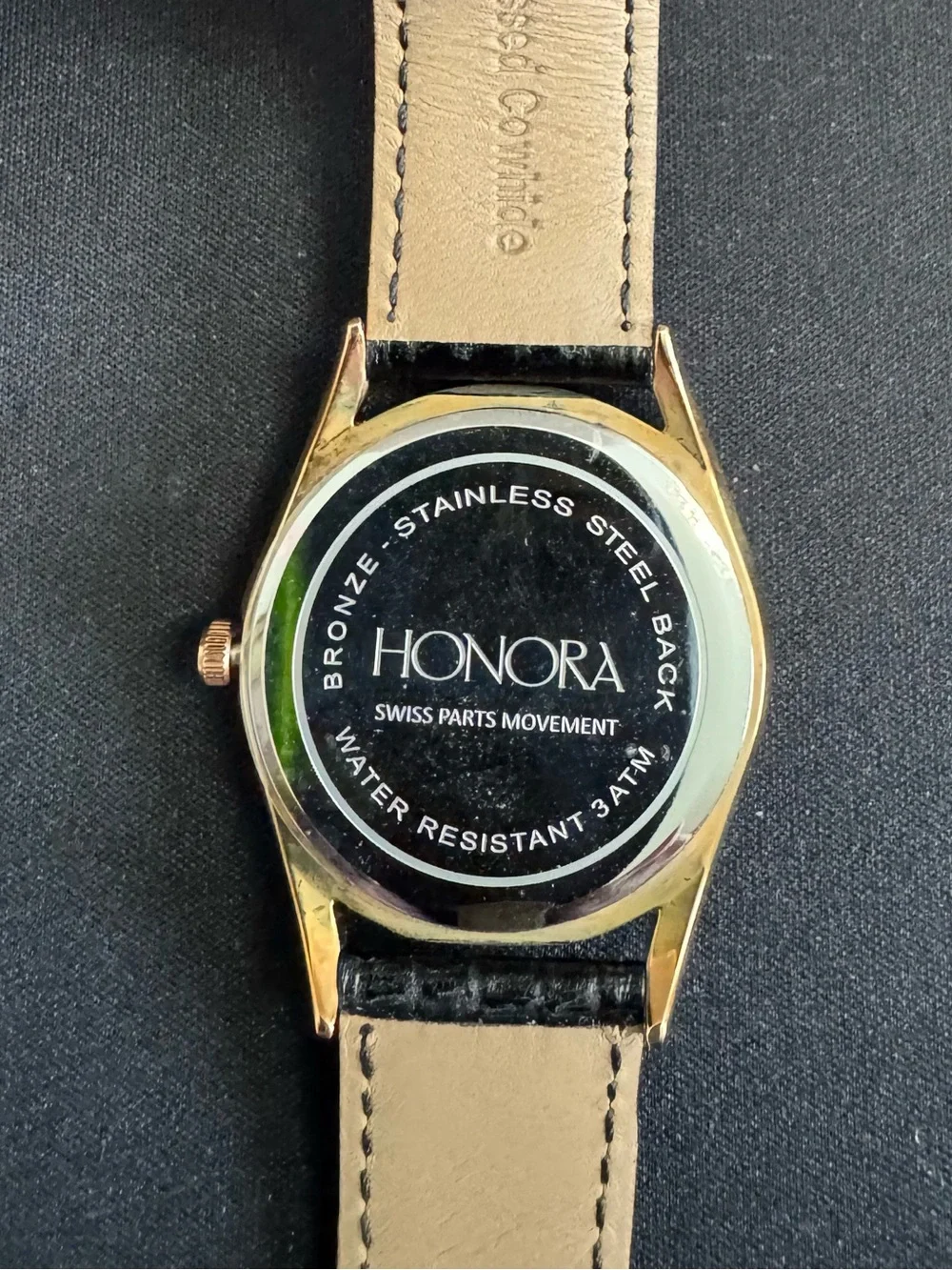 Honora Black Dial Bronze Gold Case Men/Women Dress Watch w/ Green Pearl Bezel